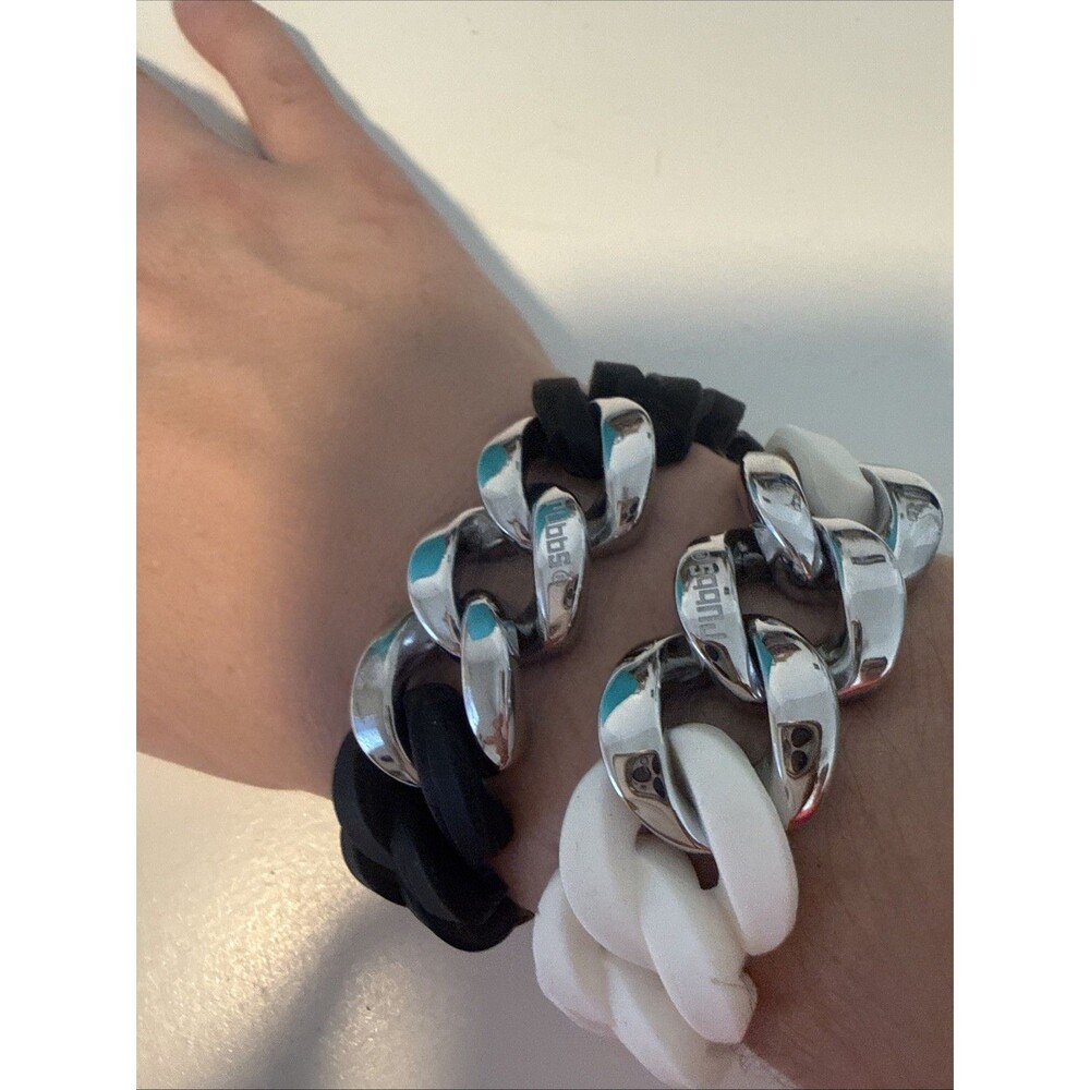 2 Rubbs Bracelets Black & White Silicone Silver Tone Chain Link Stretch Band